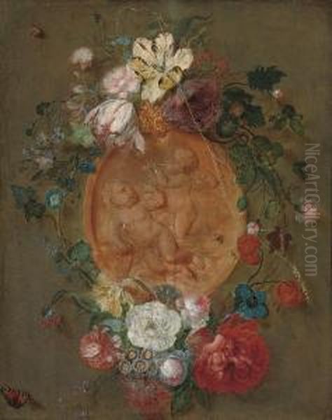 A Garland Of Parrot Tulips, Roses, Anemones And Other Flowers, Around A Terracotta Plaque Of Putti Disporting Oil Painting by Jan Frans Josephus Mertens