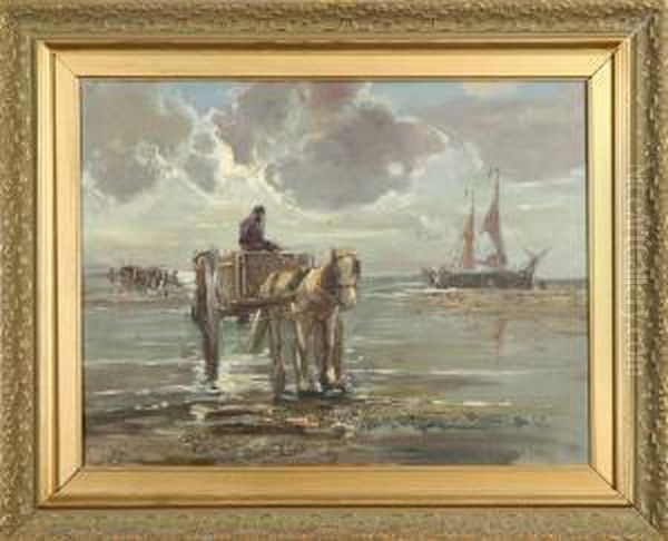 Tillskriven, Hast Och Vagn Vid Kust, Signerad M Martens Oil Painting by Medard Mertens