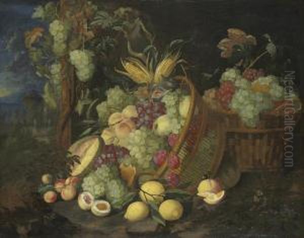 Grapes, Nectarines, Peaches, Plums, Figs And A Melon In An Upturned Basket, In A Landscape Oil Painting by Thomas Mertens