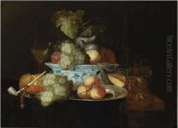 A Still Life With Grapes, Peaches And Figs In A Wan-li Bowl, Apricots On Oil Painting by Thomas Mertens