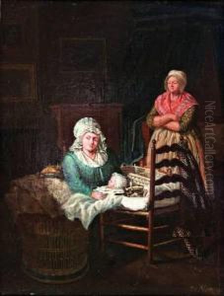 Vrouwen Met Baby In Een Interieur Oil Painting by Johannes Cornelis Mertz