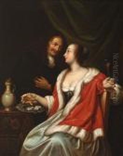 The Oyster Eater And Her Lover Oil Painting by Johannes Cornelis Mertz