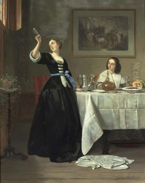 Le Dejeuner: Interieur Mit Zwei Eleganten Damen Um Einen Gedeckten Tisch. Oil Painting by Johannes Cornelis Mertz