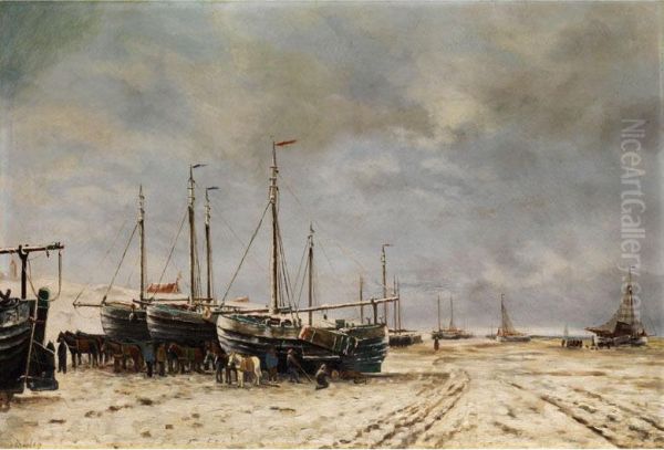 Weite Polderseelandschaft Mit Im Eis Eingefrorenen Segelschiffen Oil Painting by Hendrik Willem Mesdag