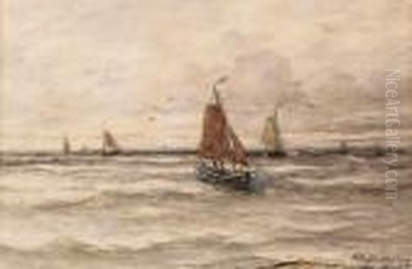 Sailing Vessels On Open Sea Oil Painting by Hendrik Willem Mesdag