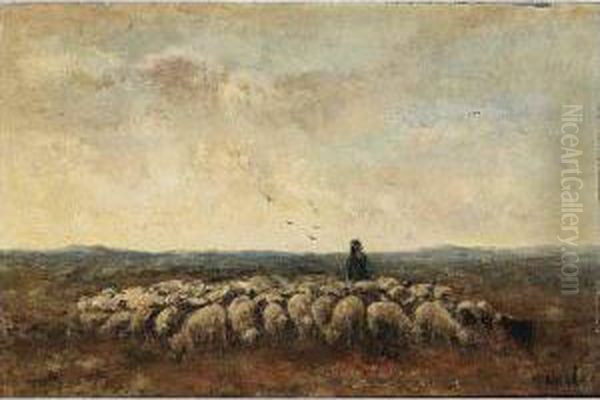 A Shepherd With His Flock Oil Painting by Taco Mesdag