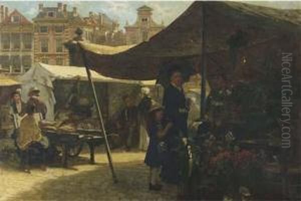 Buying Flowers On The Market On A Sunny Day Oil Painting by Theo Mesker