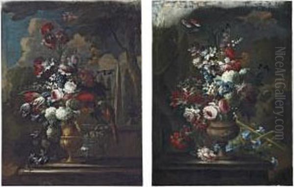 Roses, Tulips, Chrysanthemums And Other Flowers In A Sculpted Copper Urn Oil Painting by Guillermo Mesquida