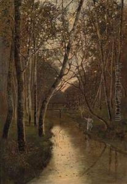 Woodland Landscape With Fishermanon The Riverbank Oil Painting by Kalaman Mesterhazy