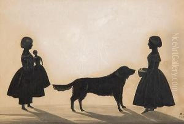 A Silhouette Conversation Piece Of Two Girlsand A Dog, One Girl Holding A Doll And The Other A Basket Offlowers, Signed. Oil Painting by Samuel Metford