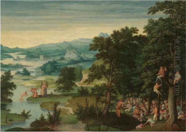 A River Landscape With St John The Baptist Preaching And The Baptism Of Christ Oil Painting by Cornelis Massys