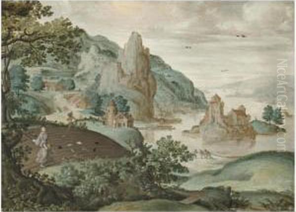 A Mountainous River Landscape With The Parable Of The Sewing Of Thetares Oil Painting by Cornelis Massys