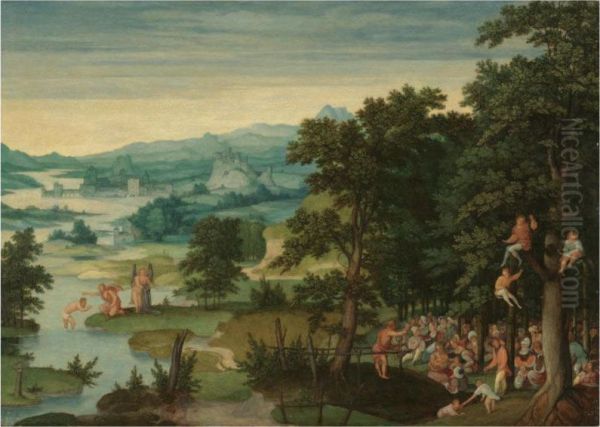 A River Landscape With St John The Baptist Preaching And Thebaptism Of Christ Oil Painting by Cornelis Massys