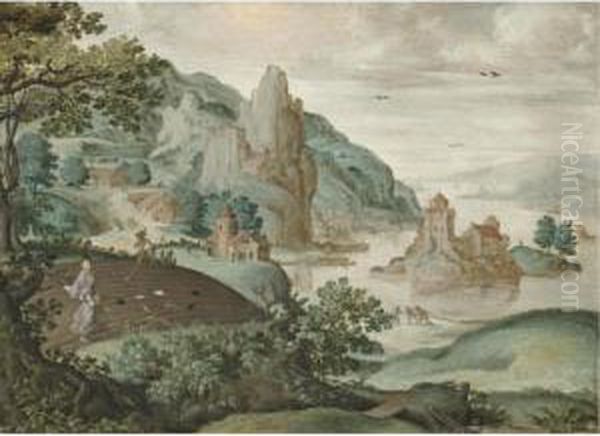 A Mountainous River Landscape With The Parable Of The Sewing Of The Tares Oil Painting by Cornelis Massys