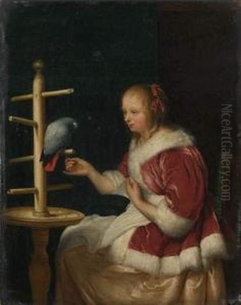 Girl With Bird Oil Painting by Johann Jakob Mettenleiter