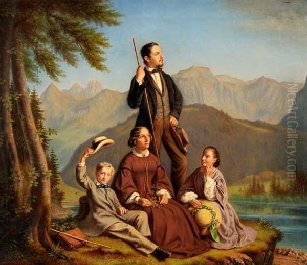 Familie Am Seealpsee Oil Painting by Johann Mettler