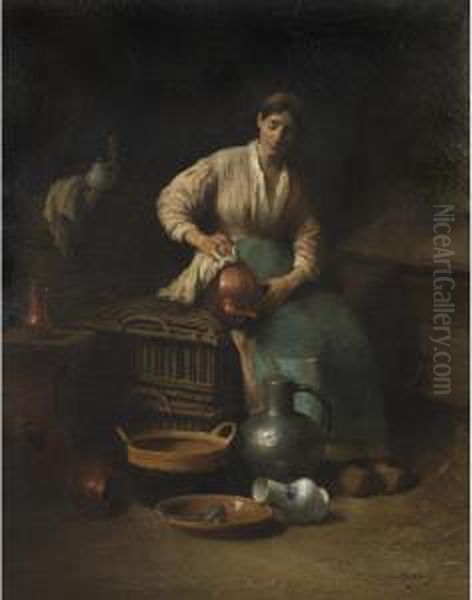 Old Pewter And Copper Oil Painting by Louis Mettling