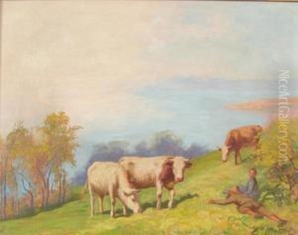 Hirtenidylle Mit Drei Kuhen Oberhalb Eines Sees. Oil Painting by Edouard Louis Aug. Metton