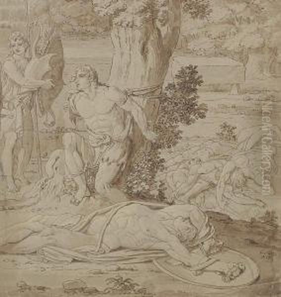 Classical Scene, Possibly Apollo And Marsyas Oil Painting by Conrad Martin Metz