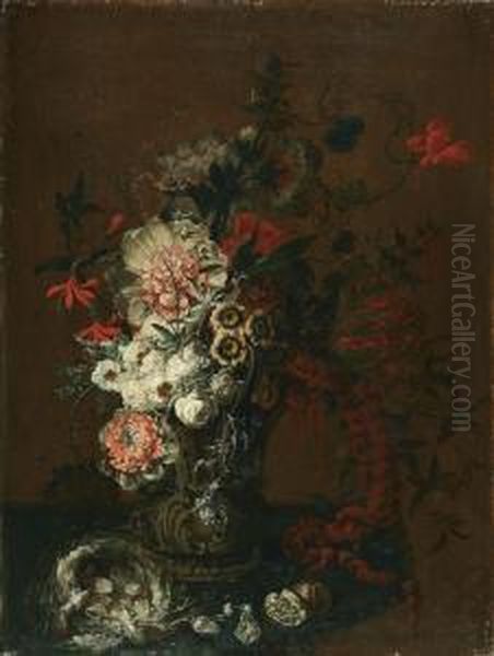 Blumenstillleben Mit Vogelnest Oil Painting by Johann Martin Metz