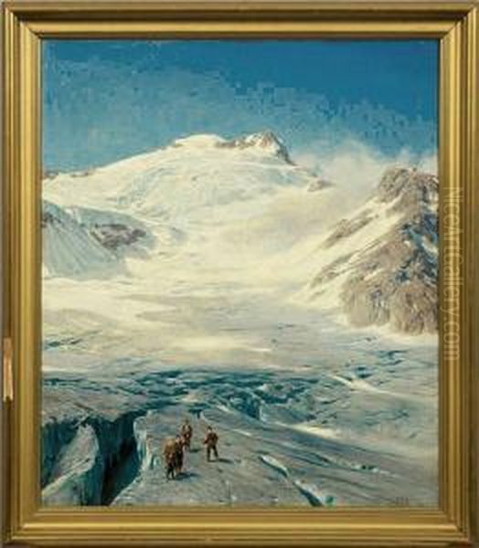 Bergsteigeran Einem Schweizer Gletscher Oil Painting by Alfred Metzener