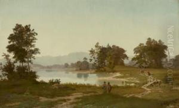 Voralpenlandschaft Mit Dorf Und Seeufer Oil Painting by Alfred Metzener