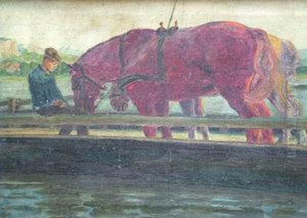 Metzger, - Horses Being Ferried Across A River Oil Painting by Adalbert Metzger