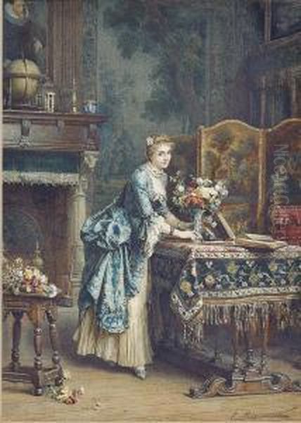 Arranging Flowers Oil Painting by Emile Pierre Metzmacher