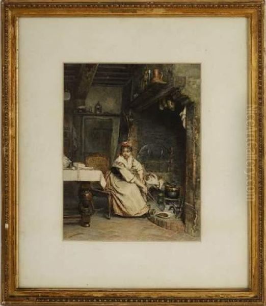 La Cuisiniere Et Le Chat Oil Painting by Emile Pierre Metzmacher