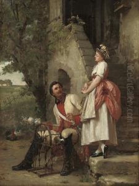 The Spinning Lesson Oil Painting by Emile Pierre Metzmacher