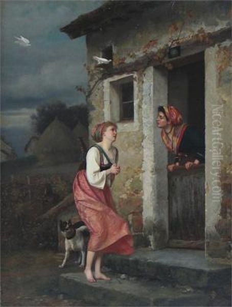 A Country Player Seeking Shelter Oil Painting by Emile Pierre Metzmacher