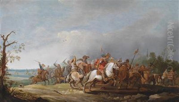 A Mounted Skirmish From The Time Of The Thirty Years' War Oil Painting by Pieter Meulenaer