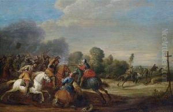 Cavalry Skirmish In A Landscape. Oil Painting by Pieter Meulenaer