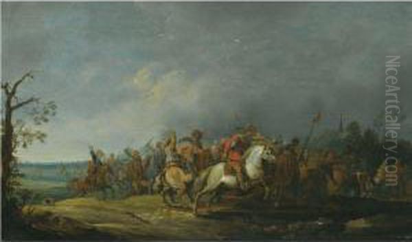 Landscape With A Cavalry Skirmish Oil Painting by Pieter Meulenaer