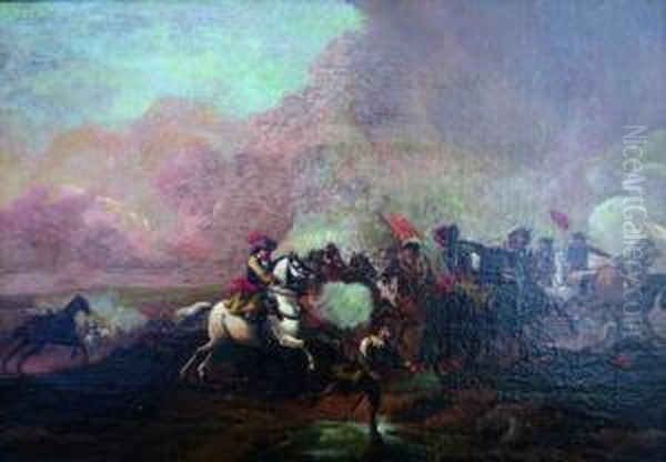 A Cavalry Skirmish Oil Painting by Pieter Meulenaer