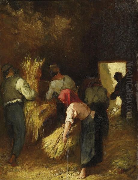 Harvesting In The Barn Oil Painting by Constantin Meunier