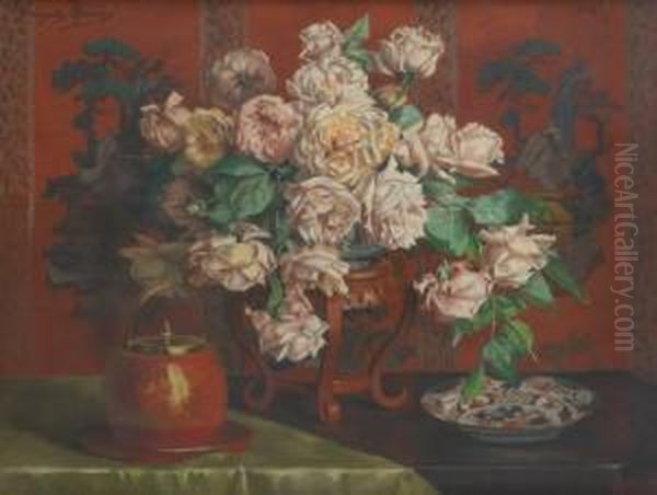 Composition Aux Roses Et Chinoiserie Oil Painting by Georgette Meunier