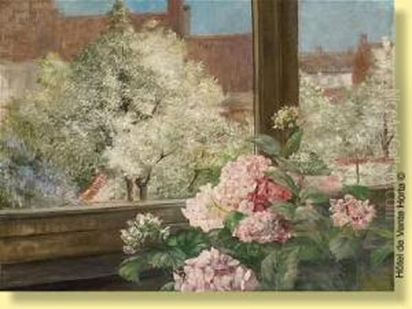 Hortensias Sur Fond D'arbres En Fleurs by Georgette Meunier