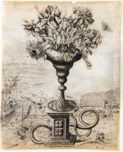 A Title Page For A Book With An Allegorical Subject: At The Centre A Large Vase With Carnations And Peonies Oil Painting by Louis Meunier