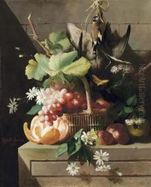 Cesto Con Fiori, Frutta E Uccelli - 1863 Oil Painting by Michaud Meunier