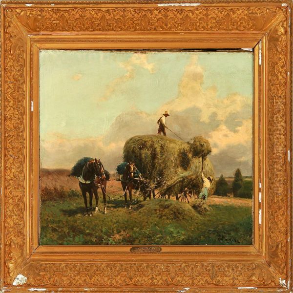 Two Grooms Stack Grasson A Horse Carriage Oil Painting by R. V. Meunier