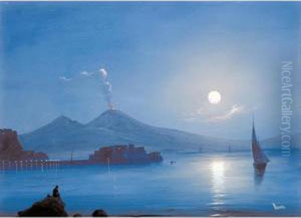 Veduta Notturna Di Posillipo E Castel Dell'ovo Oil Painting by B. Meuris