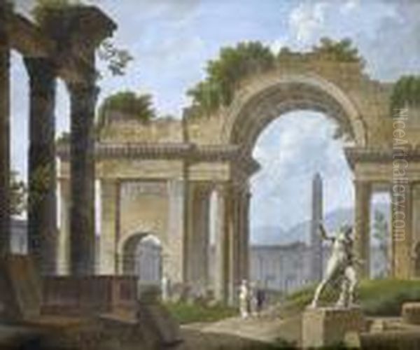 A Classical Capriccio Oil Painting by Philippe Meusnier