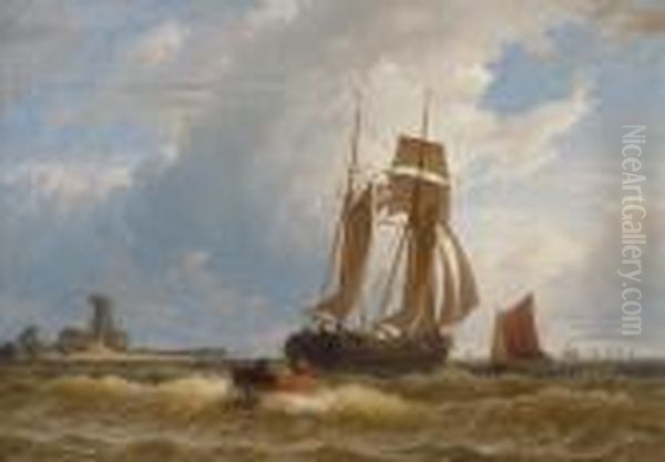 Segelschiffe Und Ruderboot Vor Der Hollandischen Kuste Oil Painting by Hermann Mevius