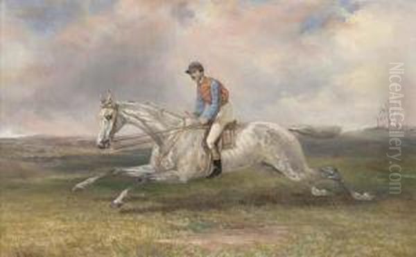 A Jockey On A Grey In Full Gallop Oil Painting by Thomas Hillier Mew