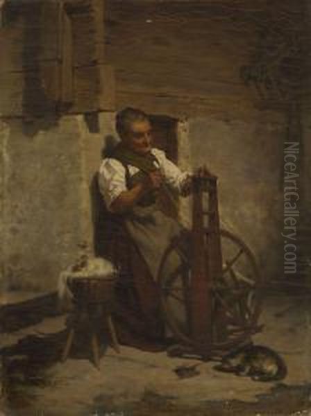 Bauerin Am Spinnrad Oil Painting by Carl Meyer