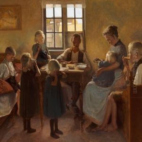 Fattig Arbejderfamilie Paa Landet. Efter Endt Dagvaerk Oil Painting by Carl Meyer