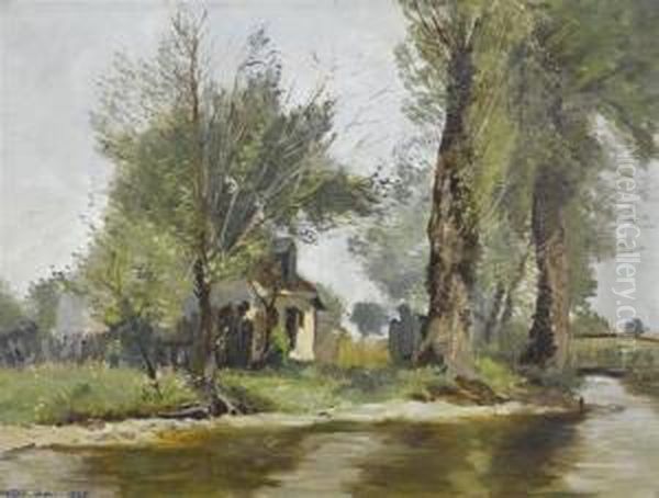 River Landscape With House Oil Painting by Carl Theodor Meyer