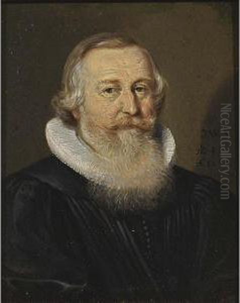 A Portrait Of An Elderly Bearded Gentleman, Aged 46, Bust Length, Wearing A Black Coat With A White Lace Collar Oil Painting by Conrad Meyer