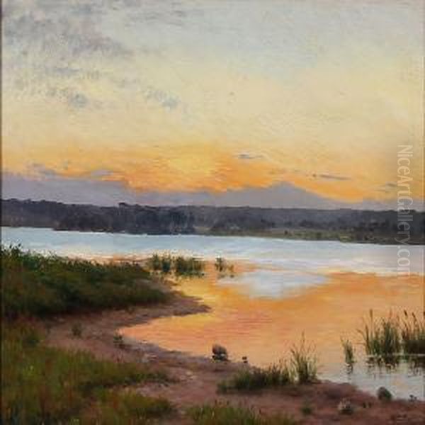 Fiord Landscape At Sunset Oil Painting by Emma Eleonora Meyer